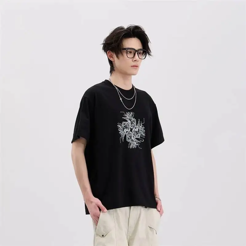 Black Men's Short Sleeved T-shirt With Electronic Component Pattern Fashion Loose Fit Summer Round Neck Pullover Top