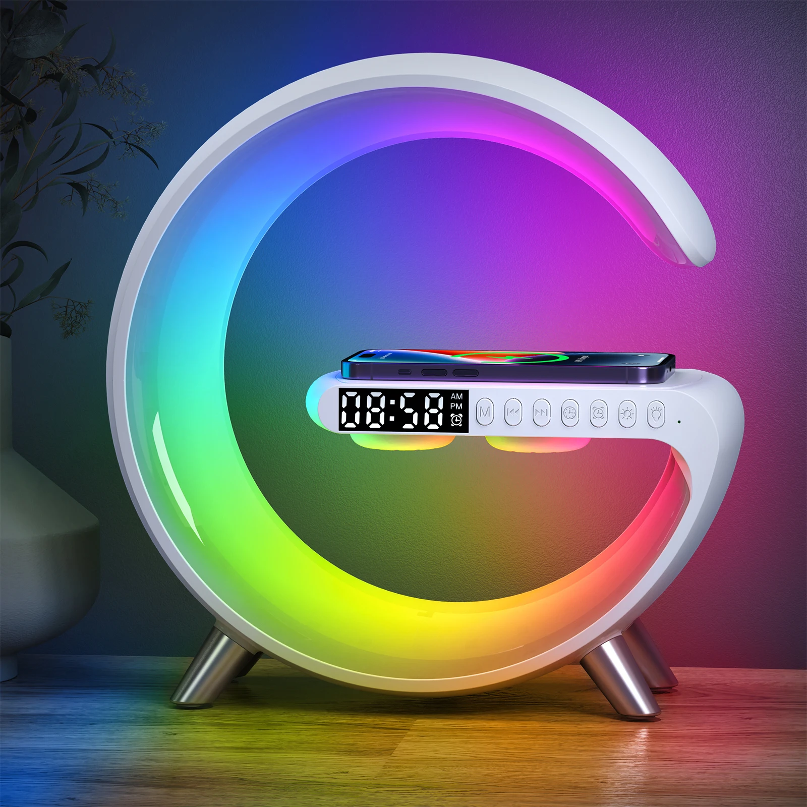

Wireless Charger Pad Stand Speaker TF Card RGB Night Light Lamp Alarm Clock Fast Charging Station Dock for iPhone Samsung Xiaomi