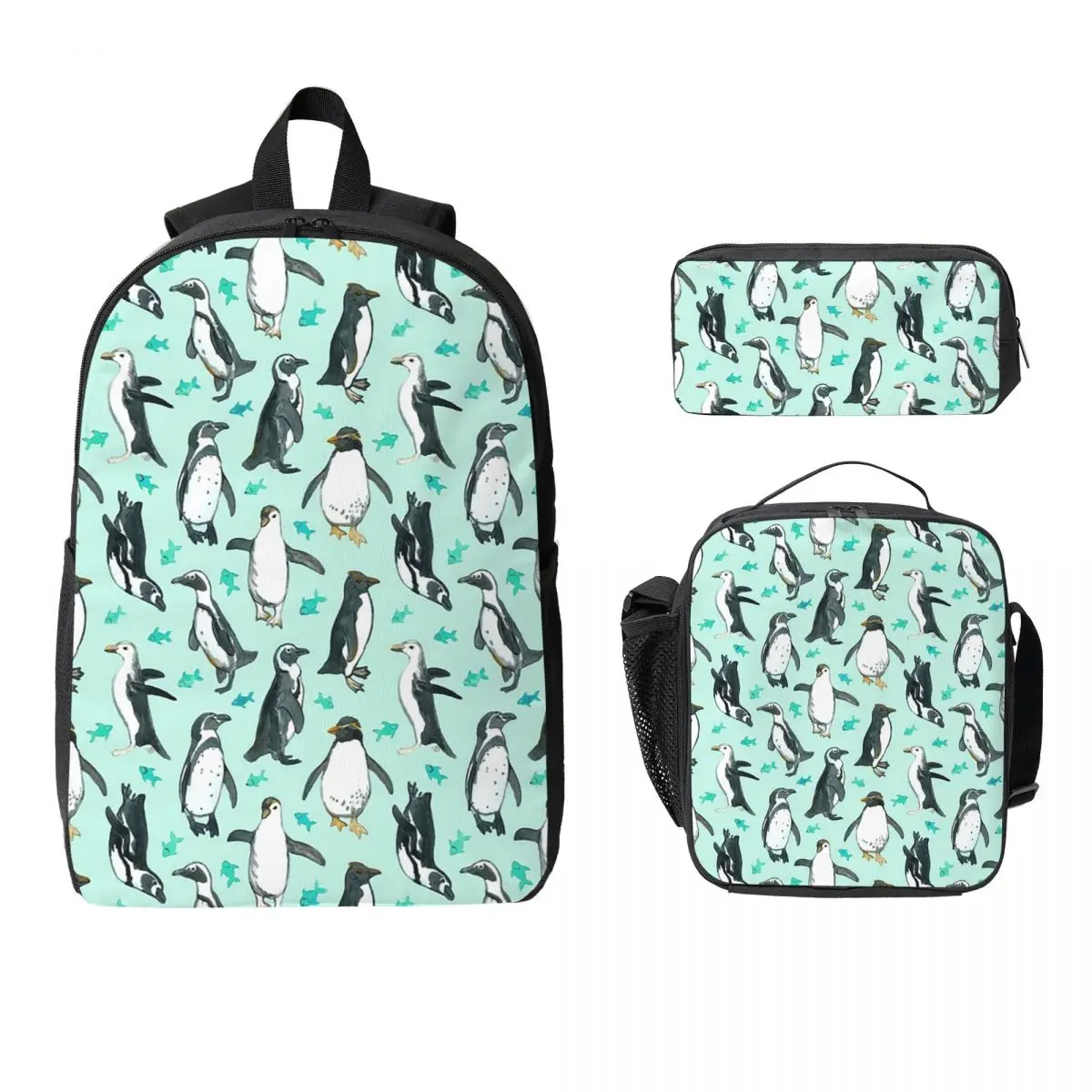 Lots Of Little Penguins On Mint Backpack Boy Girls BookBag School Bag Computer Shoulder Bags 3ps Insulated Lunch Bag Pencil Case