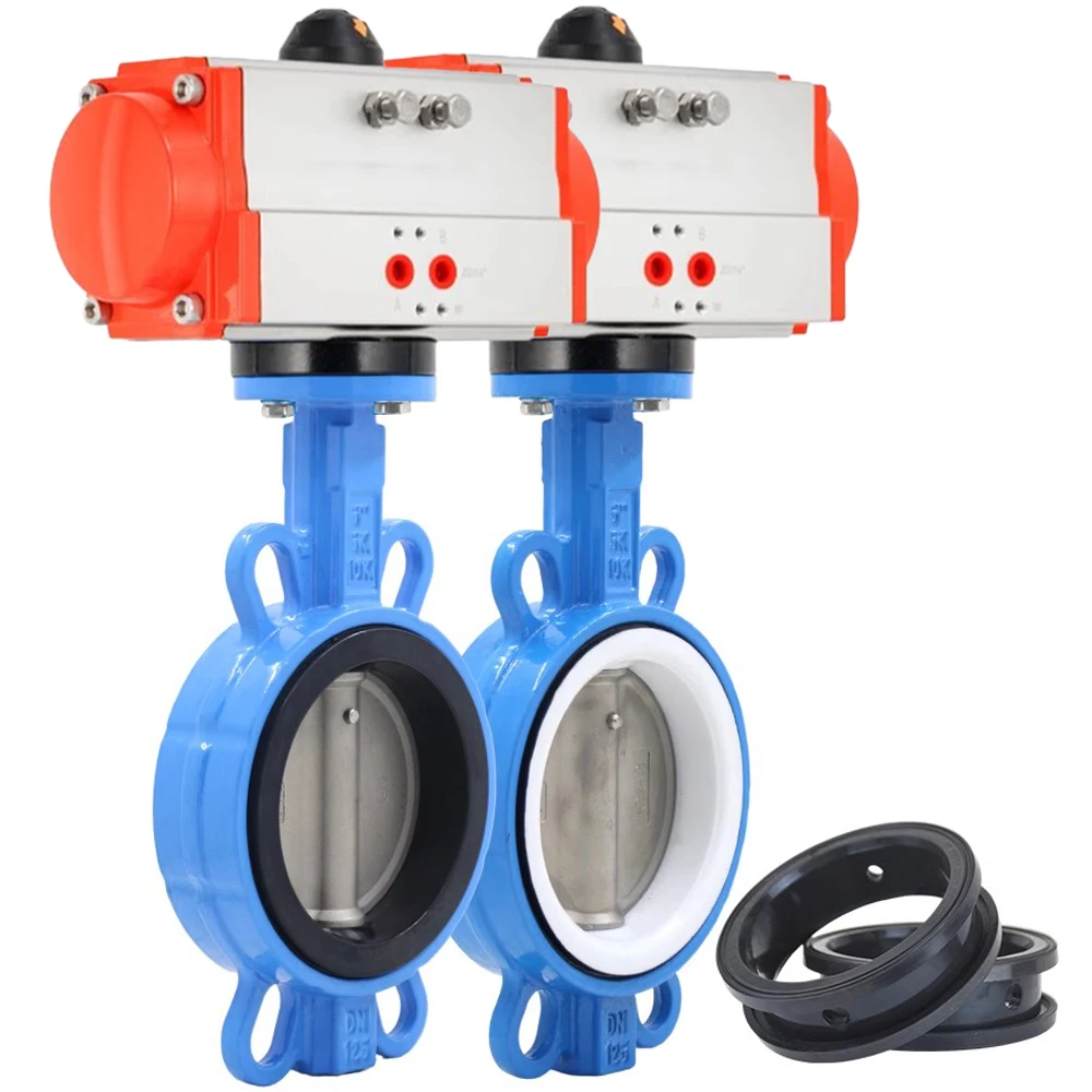 DN50 2 Inch EPDM Rubber Seat Wafer Type Cast Iron Disc Double Butterfly Valve with Acting Pneumatic Actuator