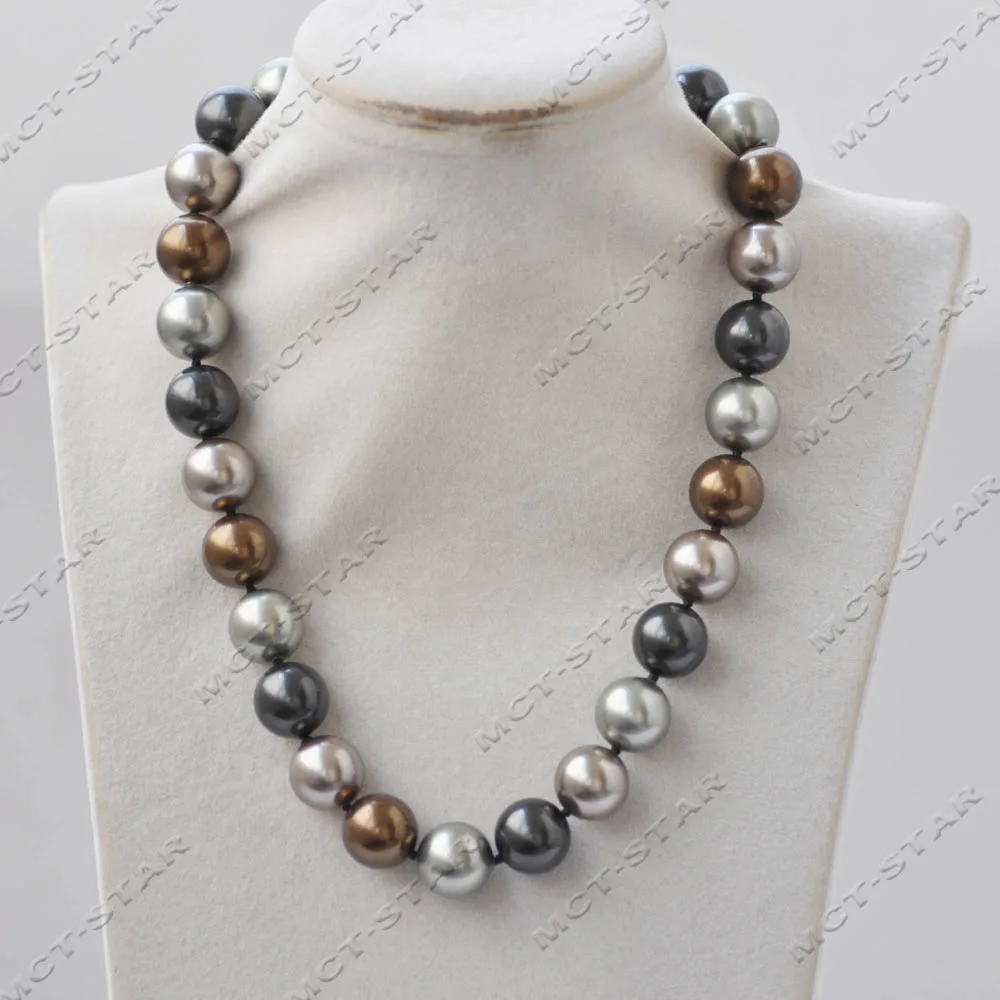 MCT·STAR Set 17'' 14mm Coffee Black Champagne Round South Sea Shell Pearl Necklace Dangle Earring CZ（Z14035 ） view 4