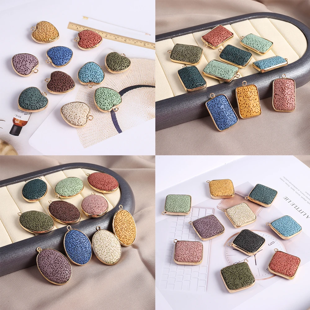 1Pc Colorful Heart Oval Lava Stone Pendant Aroma Essential Oil Diffuser Natural Volcanic Rock Charms DIY Necklace Jewelry Random