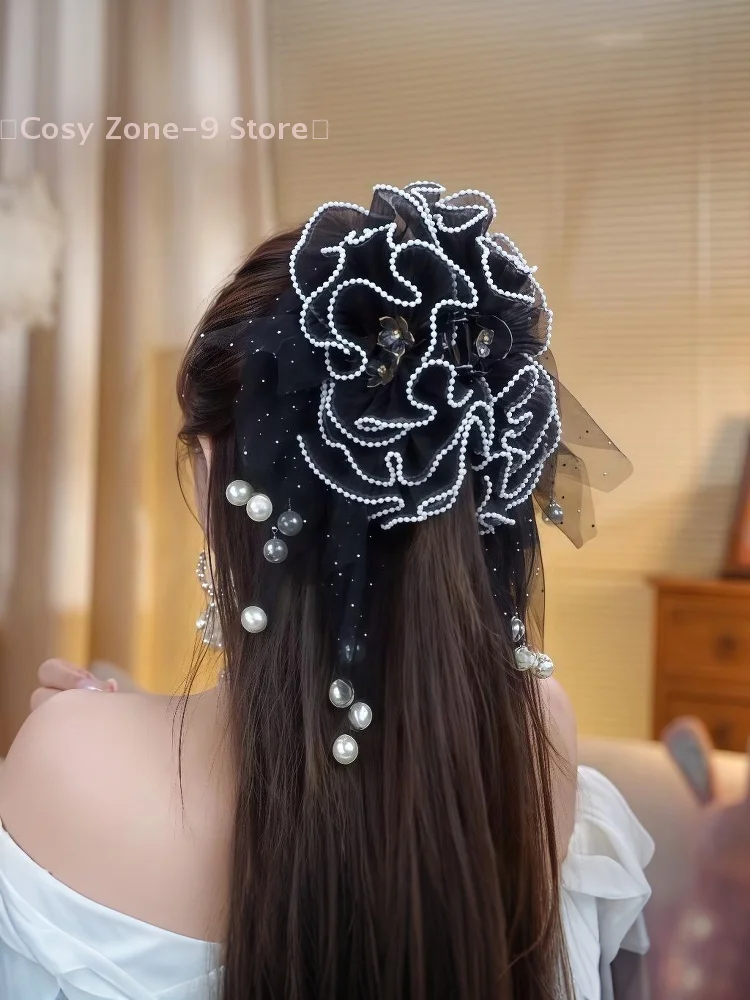 Jepit Rambut Rumbai Mutiara Imitasi Cakar Rambut Bunga Jaring Jepit Rambut Ekor Kuda Serbaguna Kelas Atas untuk Aksesori Rambut Wanita