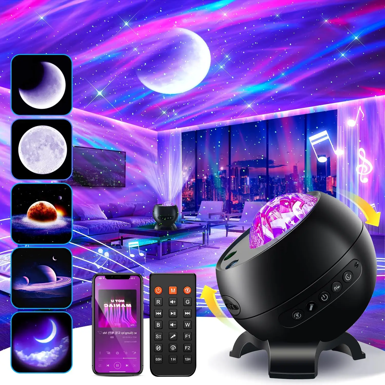 Projetor Galaxy Light com mais de 300 modos, 5 filmes, ruído branco e Bluetooth para decoração de quarto