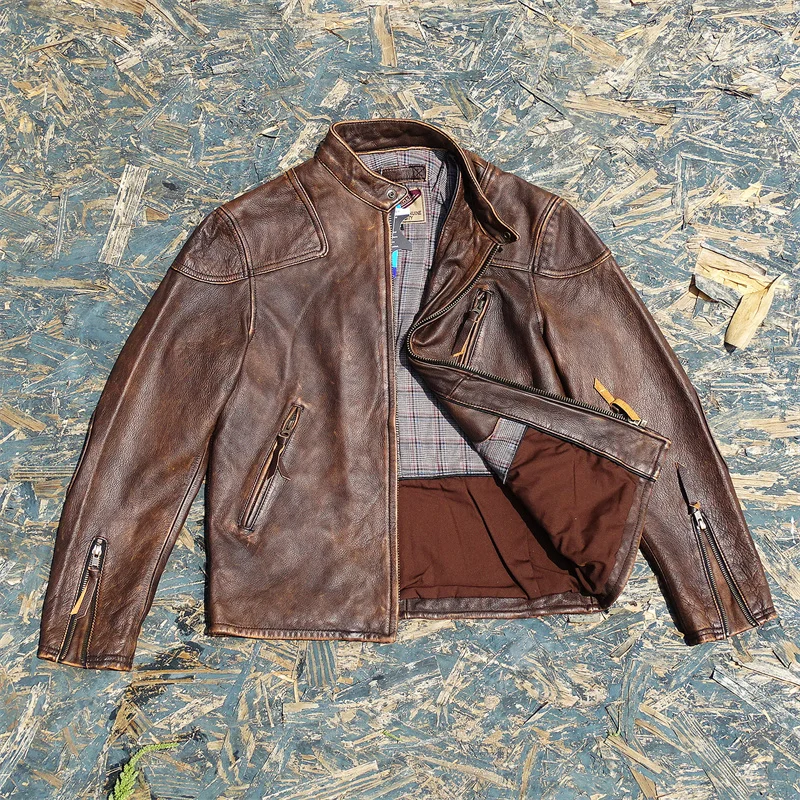 

Authentic Bangladei Genuine Cowhide Leather Jaet Men's Soft Drapey Sle ort Faion Urban Japanese Retro Autumn Winter