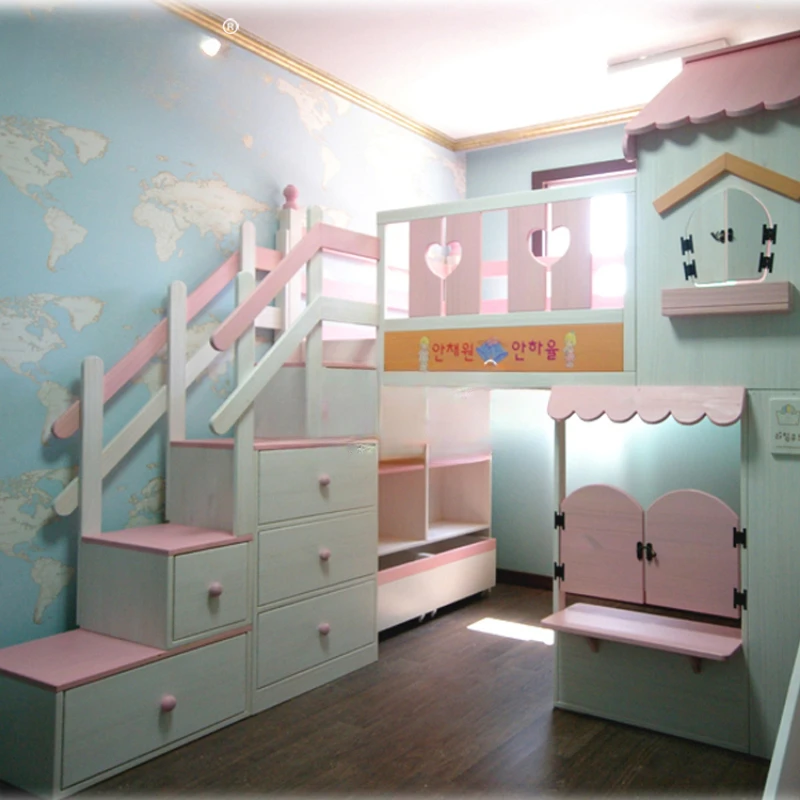 Children Bunk Bed Solid Wood Girl Height-Adjustable Bed