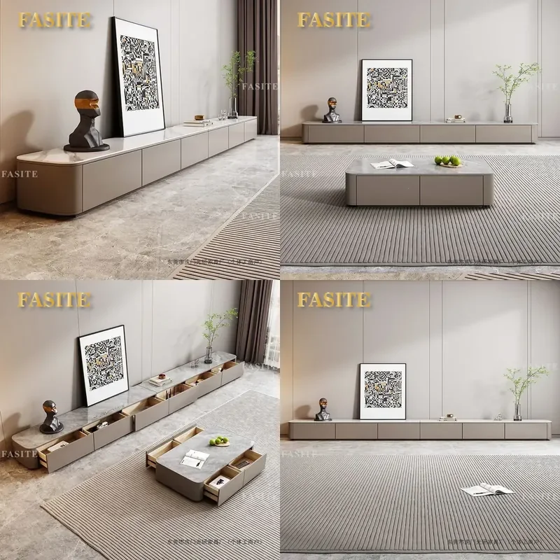 For Solid Wood and Sintered Stone TV Stand Modern Minimalist Light Luxury Floor Cabinet for Living Room Small Apartment High