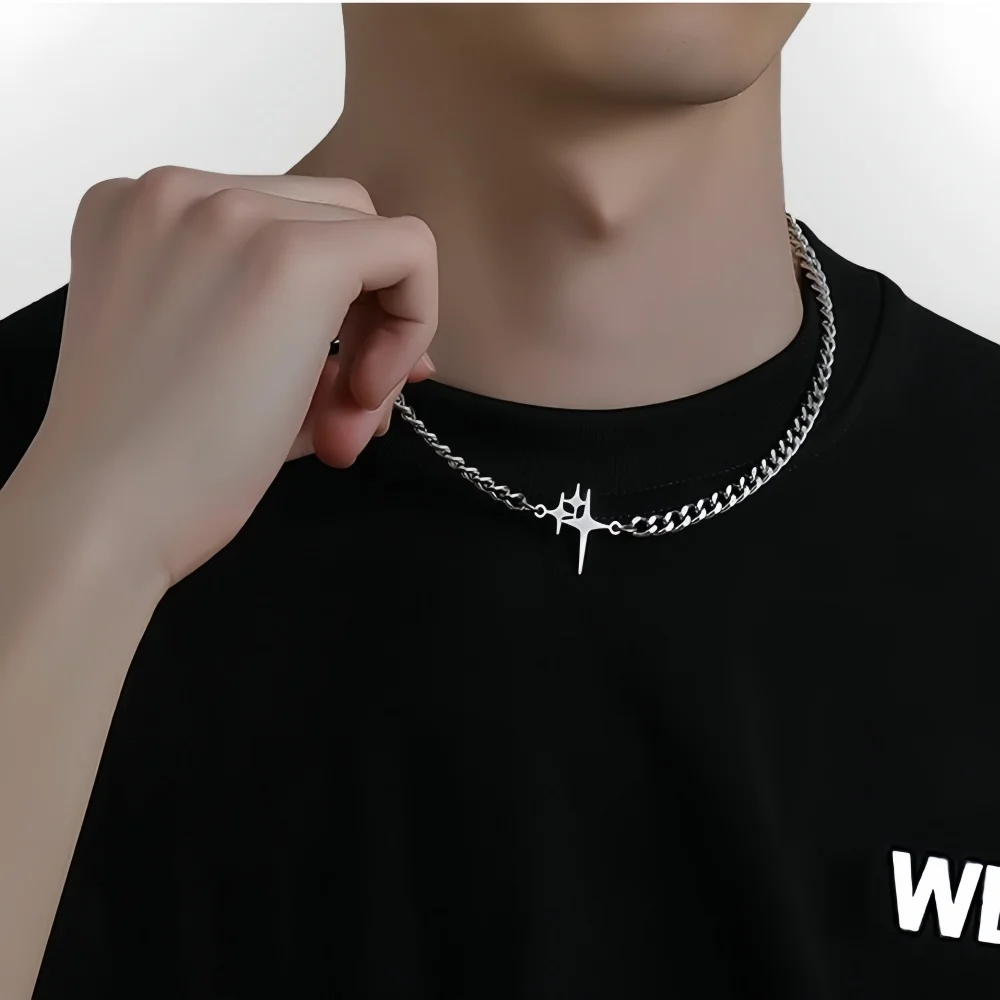 Einfacher Edelstahl-Halsreif für Männer mit Retro-Kreuzanhänger, Trendige Kubakette, Modeschmuck – Detail 2