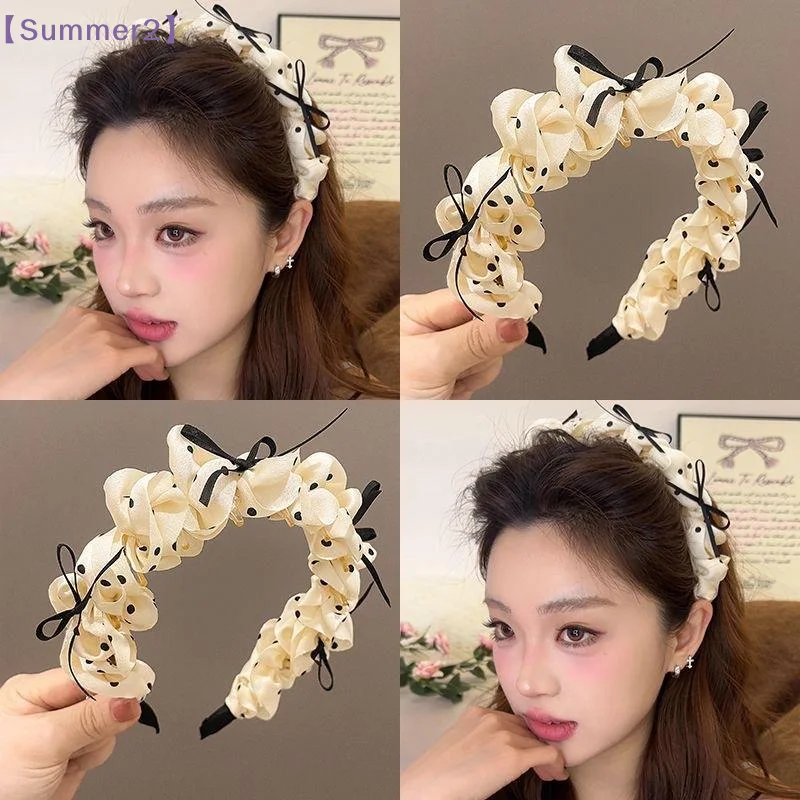 

【Xia2】Vintage Princess Polka Dot Bowknot Headband For Women Ruffle Wide Hair Band Turban Non-slip Volume Hair Accessories{S}