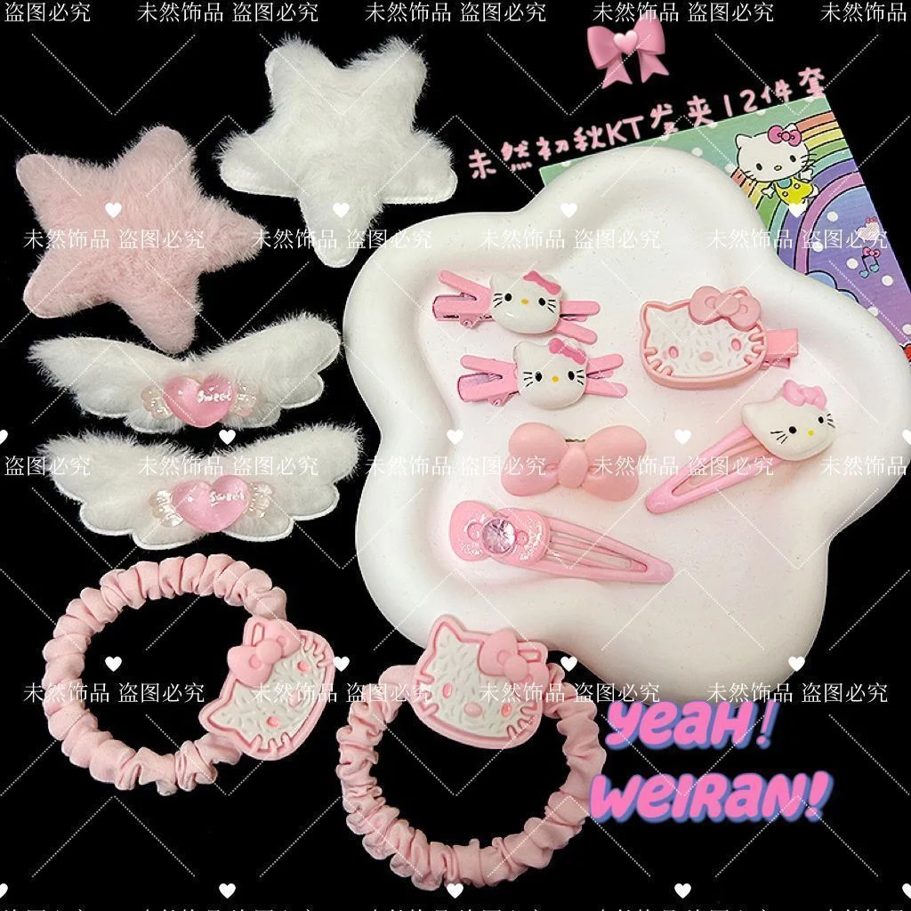 Cute Cartoon Hair Clip for Women, Sanrio, Hello Kitty, Plush Side Hairpins, Clips with Bangs, Pink Hair Rope, 12 Pieces Set