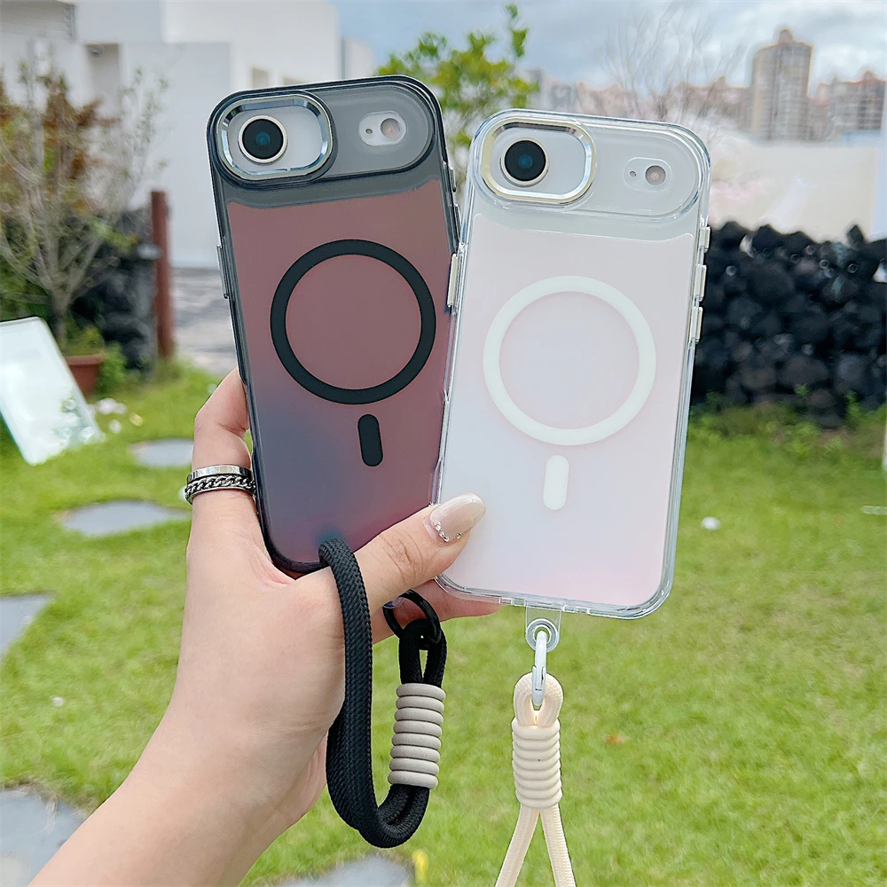 Dazzling Laser Gradient Magnetic Lanyard Case for iPhone 17 Air 16 E 15 14 Plus 13 12 11 Pro Max for Magsafe Shockproof Cover