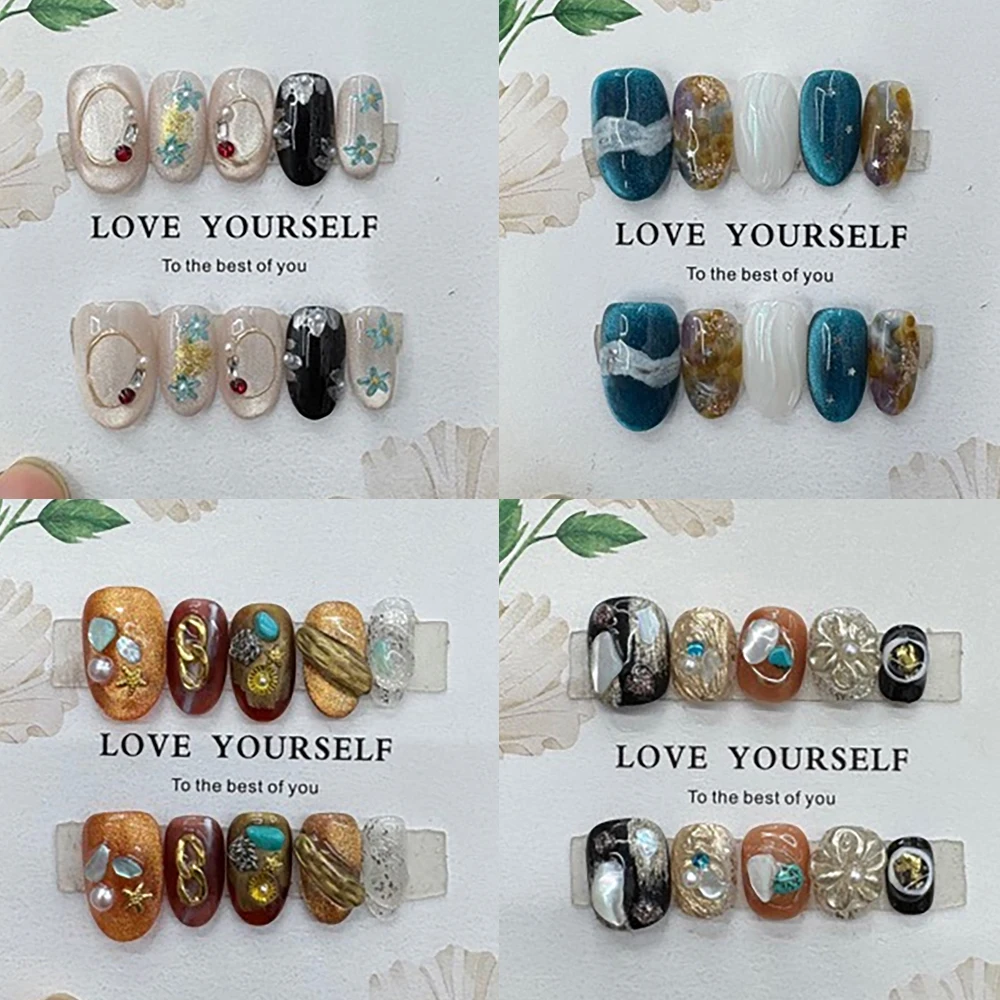 

Beautiful Hand Painted Flowers Pearl Handmade Ellipse Almond Fake Nails Vintage Cat Eyes Diamond Chain Gradients Press On Nails