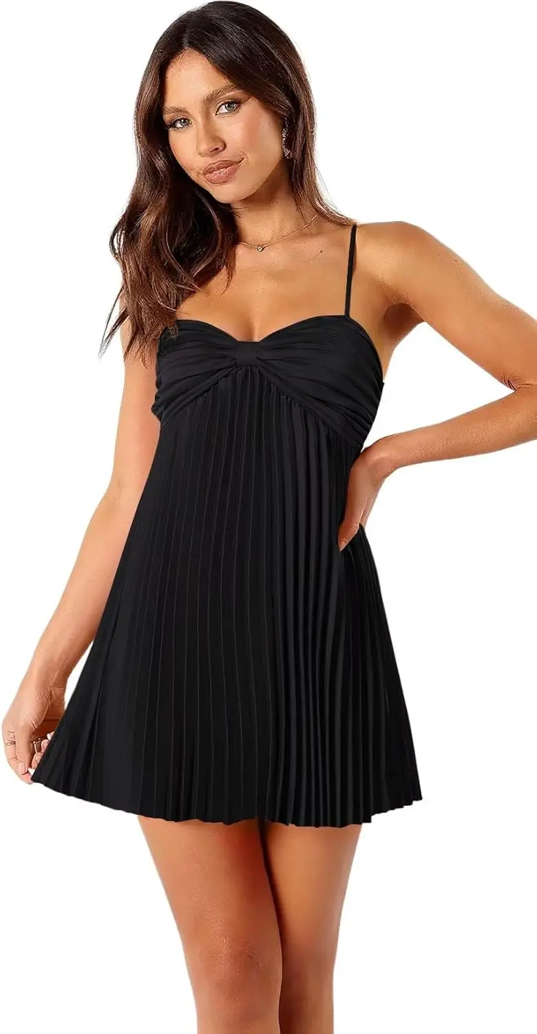 Sukienka młodzieżowa z dekoltem w serek, mini spódniczka, krótka sukienka na powrót do szkoły, sukienka balowa na cienkich ramiączkach, elegancka damska sukienka wieczorowa, z kieszenią, 2025