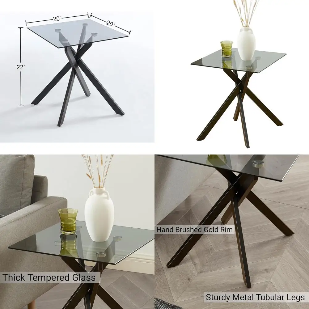 

Современный квадратный приставной столик с серой столешницей из закаленного стекла, черными металлическими ножками и золотыми акцентами, 20x20x22 дюйма