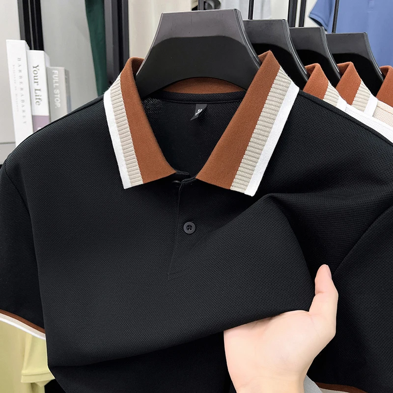 Personality color blocked short sleeve polo shirt men luxury new comfort summer silky cotton breathable casual fashion T-shirt