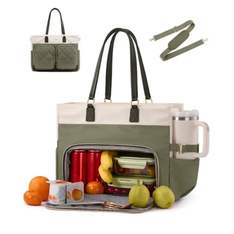 

Lunch Tote Bag for Women, 2-in-1 Work Bag with Insulated Lunch Compartment, 15.6 Inch Large Capacity Laptop Tote with Cup Holde