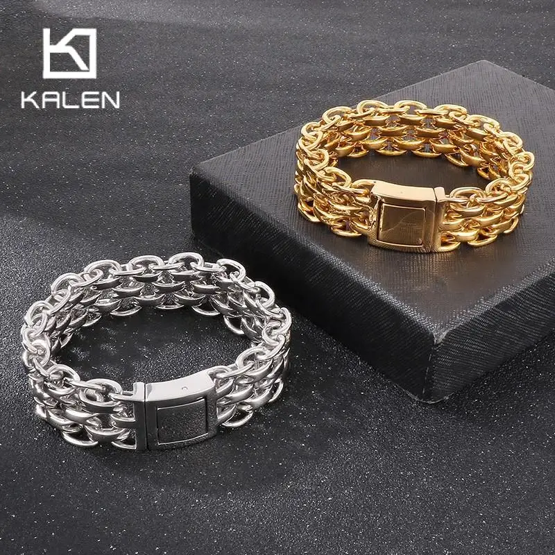 

Kalen 20mm Stainless Steel Double Link Chain Bracelet for Men Polished Golden Male Charm Bracelet Punk Chunky Jewelry Gift