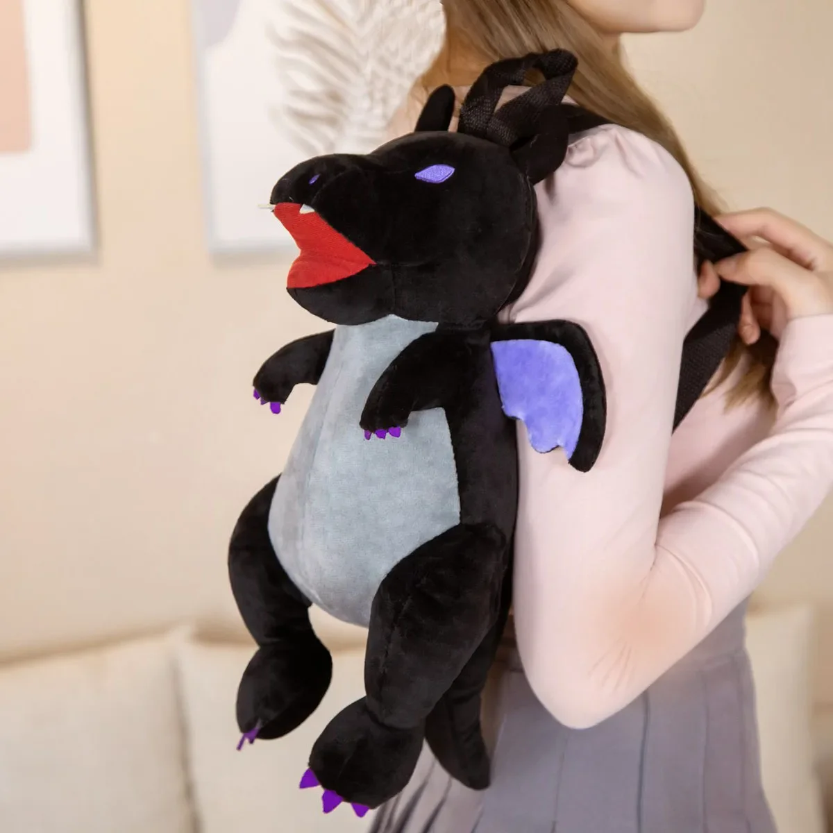 Mochila de dragón de peluche, bolso de dragón volador oscuro, bolso escolar de animales para niños, bolsos de hombro, mochila para niños y niñas, juguete de dragón suave