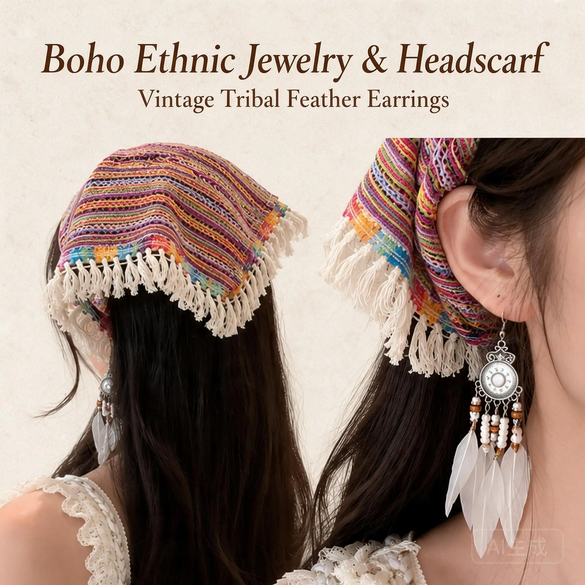 Women Bohemian Ethnic Colorful Striped Knit Triangle Headscarf Tassel Trim Hair Scarf Retro Versatile Headwear Photo Prop Shawl