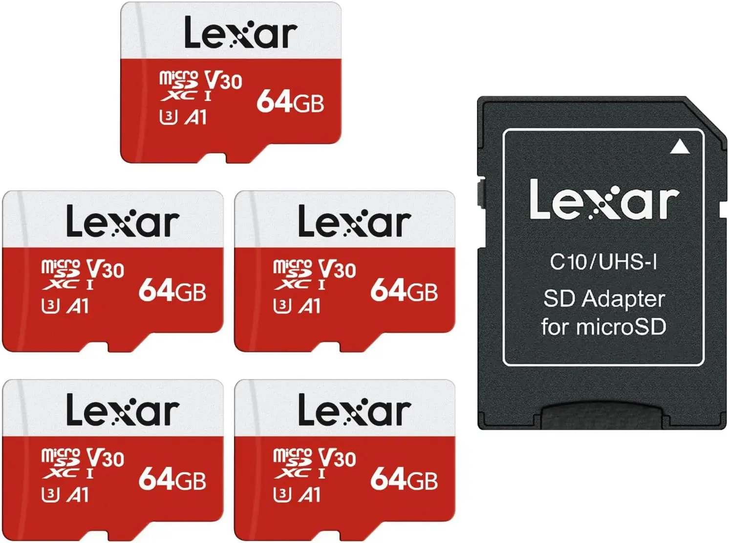 64GB Micro SD Card 5-Pack, UHS-I Flash Memory with Adapter, 100MB/s Speed for Full HD & 4K UHD
