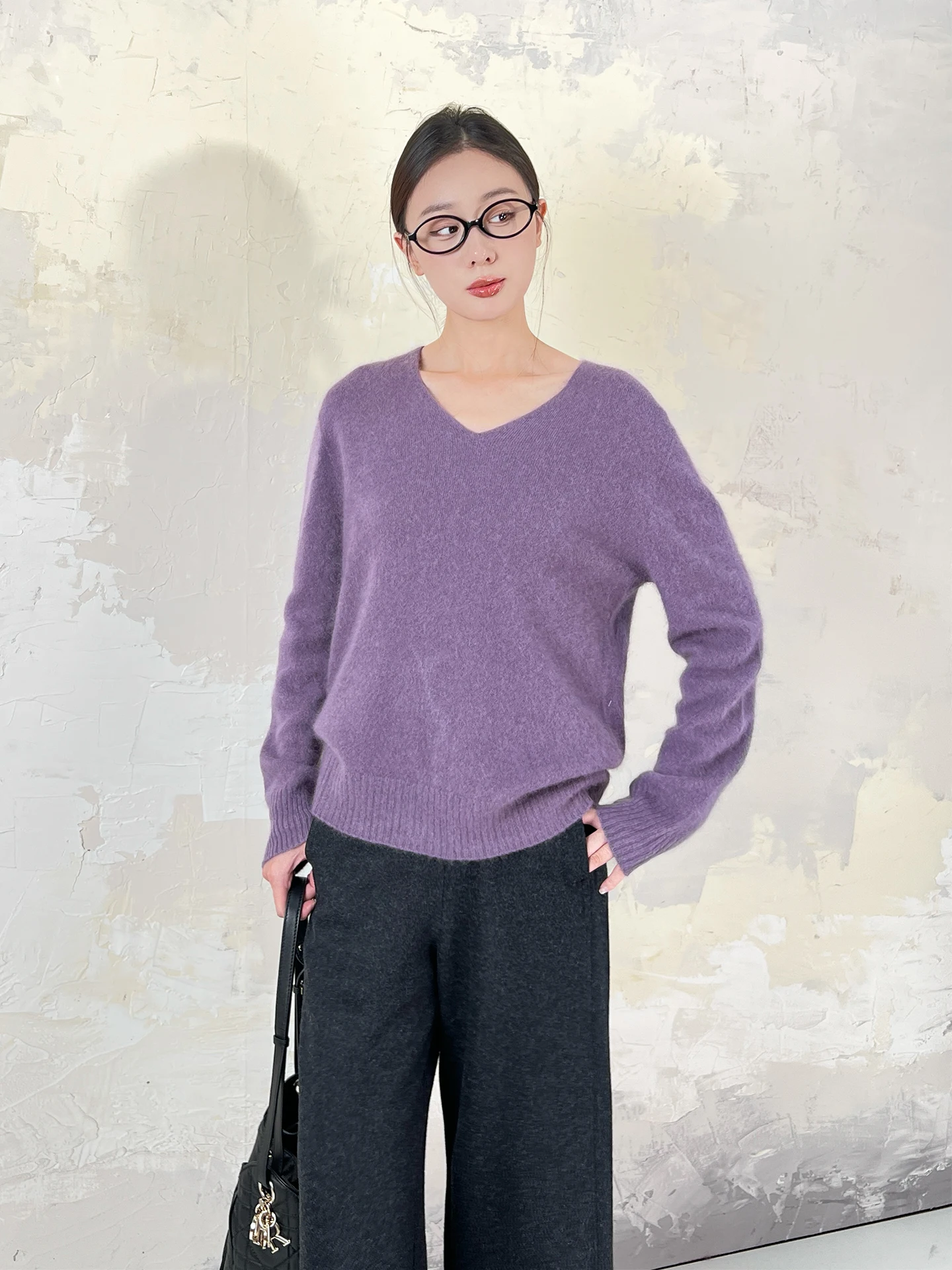 

Loose V-Ne Knitted Wool Camere Sweater Fce Fini Marytim Brand Pure Color Slouchy Sle Long Sve Regular Length