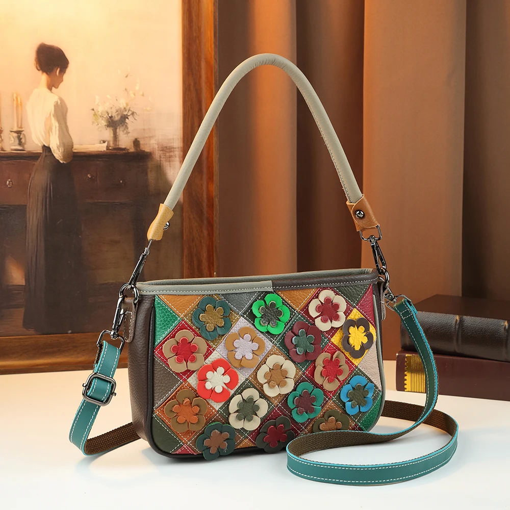 Retro Colorful Woven Genuine Leather Shoulder Bag Luxury Hand-Woven Multi-Color Patchwork Crossbody Bag Vintage Underarm Bag view 4