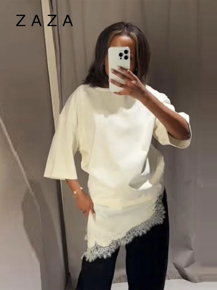 Zaza بلوزة نسائية جديدة من الدانتيل الساتان مقسمة نصف كم رقبة دائرية قميص طويل بحاشية غير منتظمة قطع علوية متينة 2025 ملابس علوية غير رسمية جديدة للسيدات