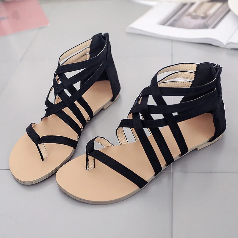 Sandalias planas de gladiador para mujer, zapatos informales de playa, toboganes sólidos, zapatos romanos con cremallera, talla grande 43