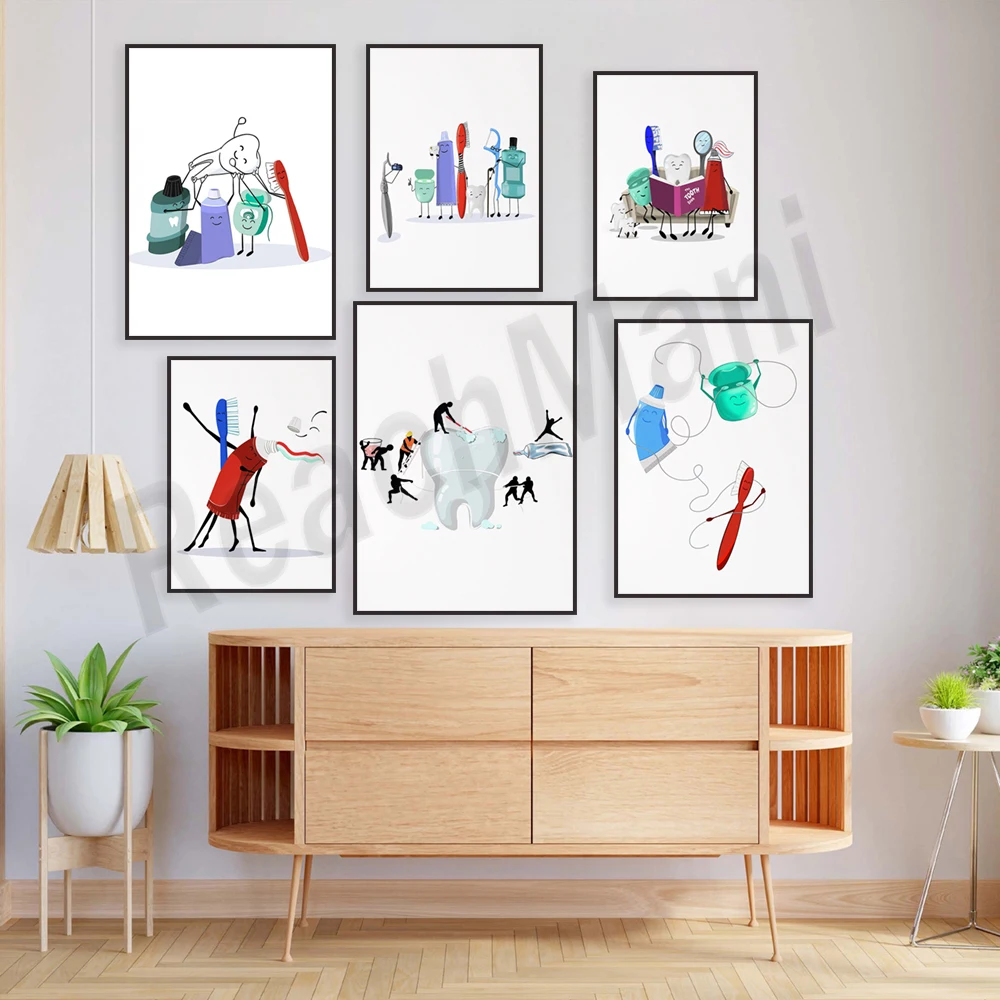 Teeth art, oral care health poster, toothpaste, toothbrush and dental floss, doctor medical staff art, dental clinic decoration