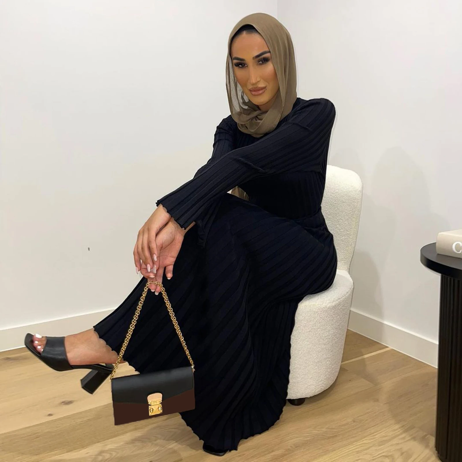 Combhasaki Abito lungo dritto da donna elegante a maniche lunghe a costine girocollo tinta unita a righe slim fit con lacci sul retro streetwear