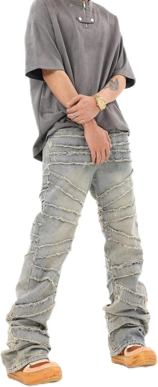 Retro distressed line wool jeans 2024 summer new men's and women's street casual wash heavy slim y2k bootcut jeans denim