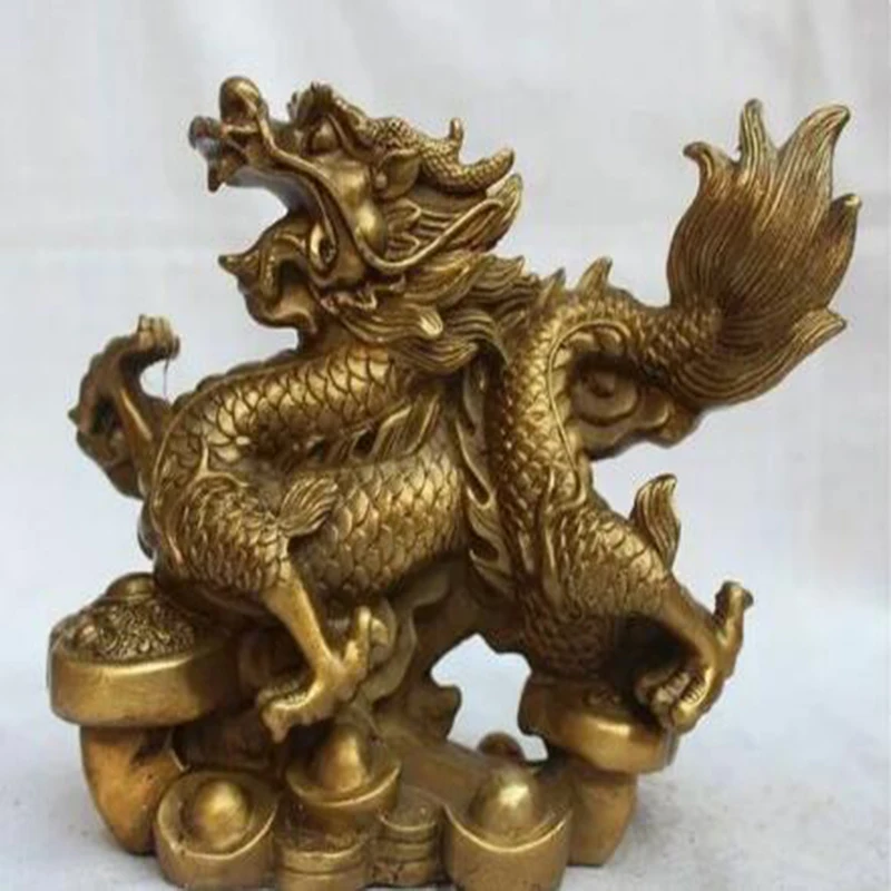 

8" China Chinese Folk Feng shui Brass Lucky Zodiac Year Dragon Wealth Statue