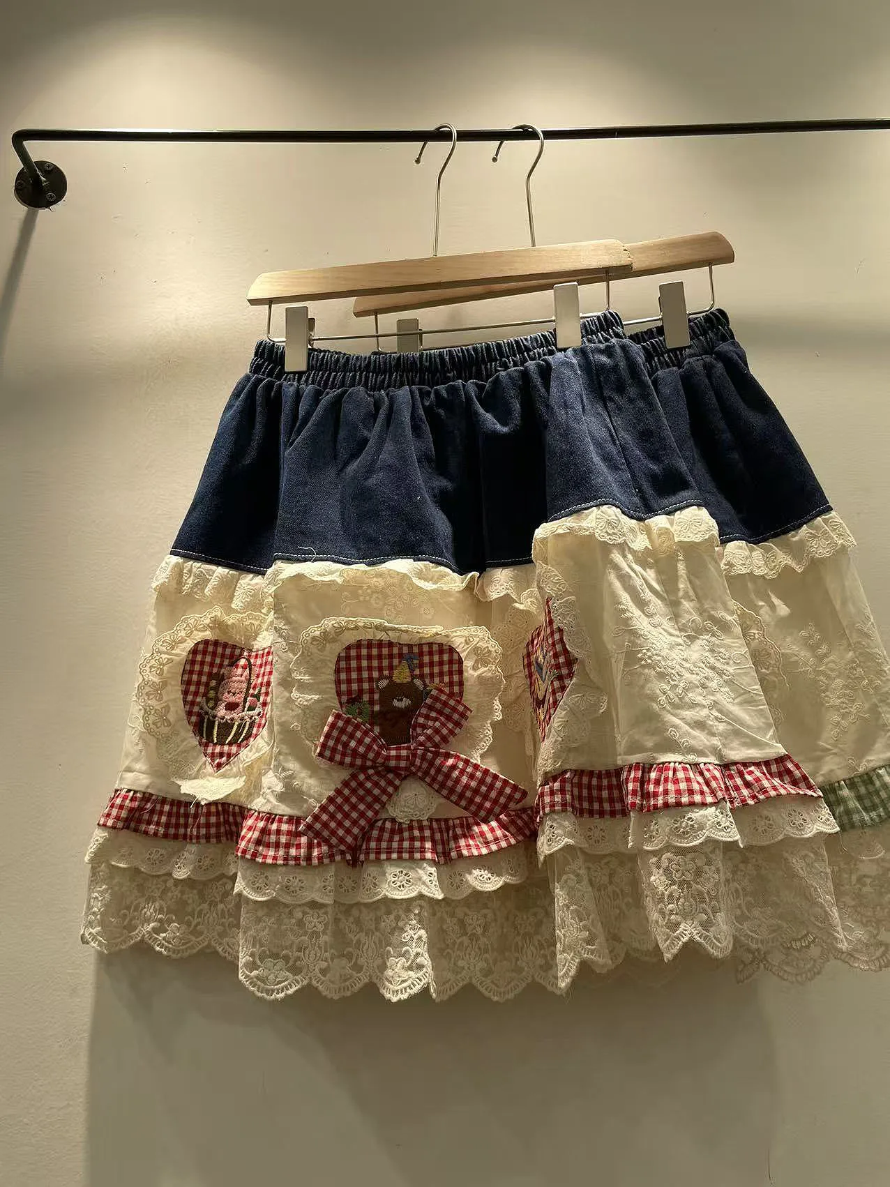 

Autumn New Loose Lace Trim Splice Elastic Waist Denim Skirt Women's High Waist A-Line Skirt Daily Wear Girl Sle