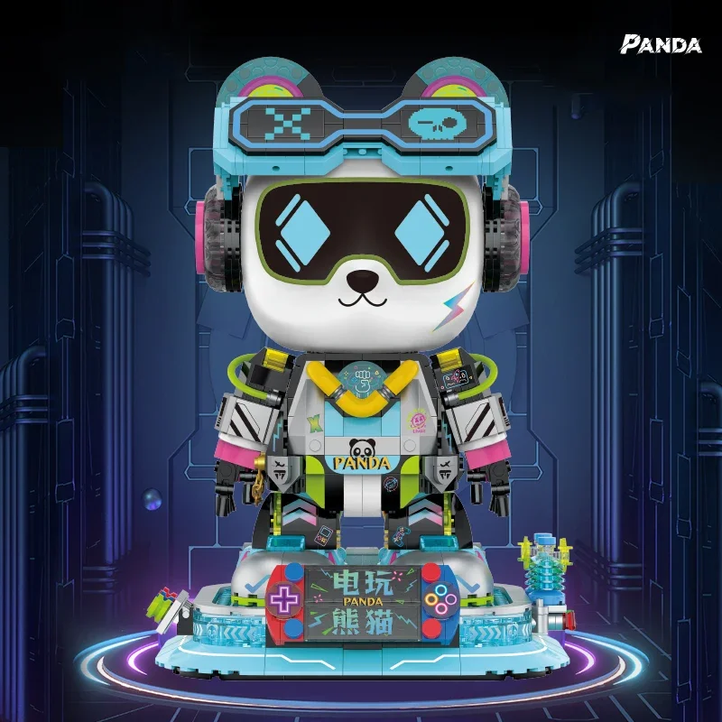 لعبة تجميع مكعبات البناء العصرية، موضوع الباندا الرياضي الإلكتروني على الطراز الصيني، نموذج تمثال مشترك متحرك، هدية للأولاد