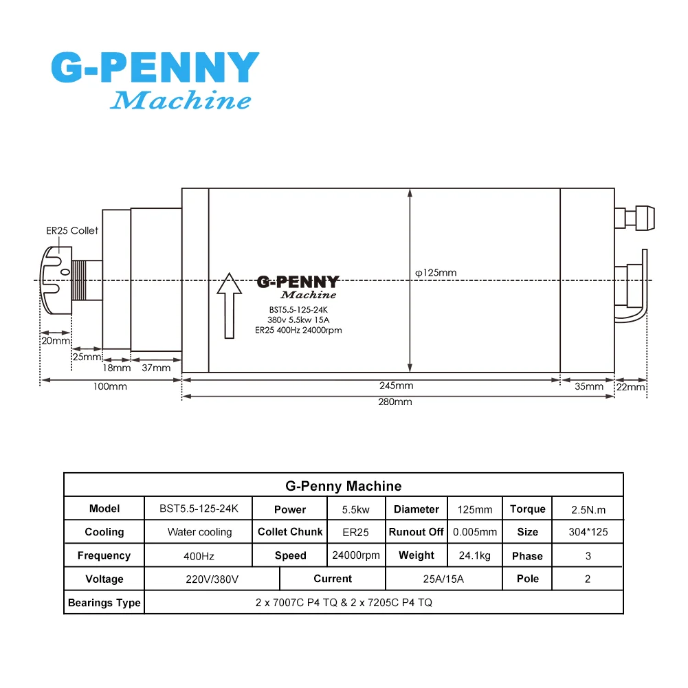 G‑Penny 5.5KW ER25 Water‑Cooled CNC Spindle Motor Kit 24000rpm Ceramic Ball Bearings For Wood Stone Router & Inverter & Bracket