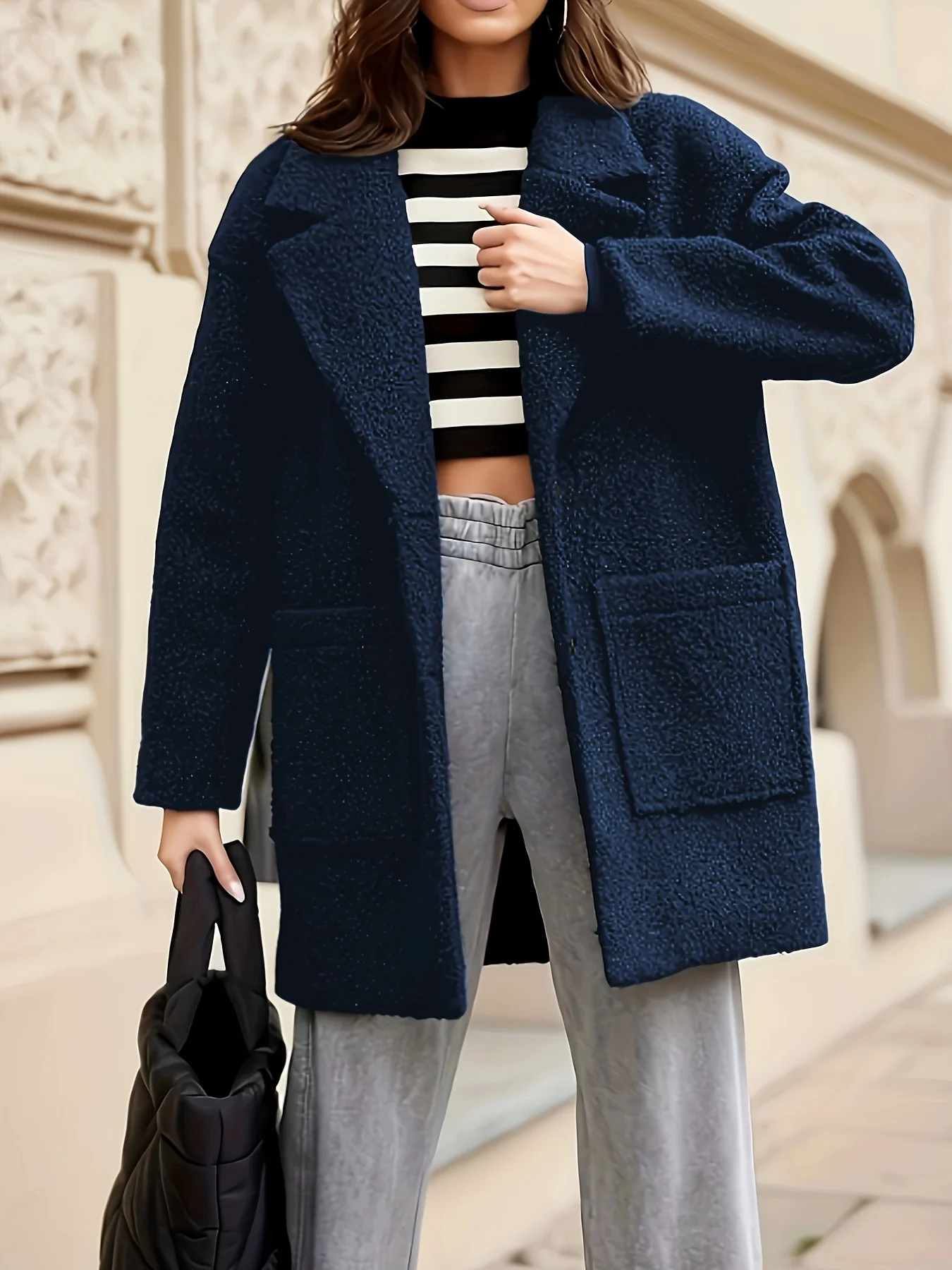 

Женский элегантный зимний плюшевый пиджак с лацканами и карманами, мягкое и удобное пальто для женщин