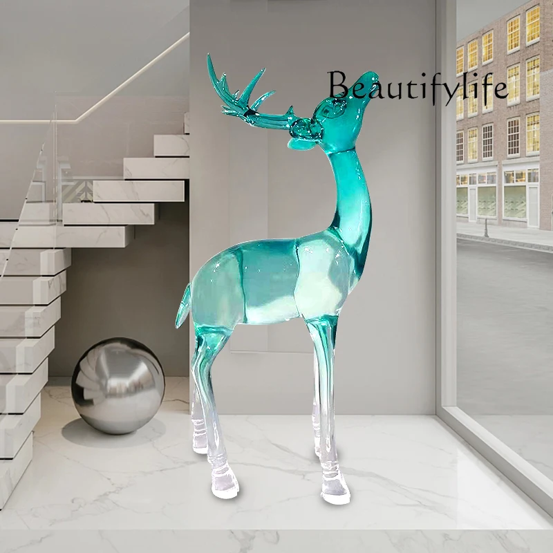 Hotel Lobby Indoor Transparent Elk Sculptured Ornaments Light Luxury Large Floor Resin Landscape Decoration