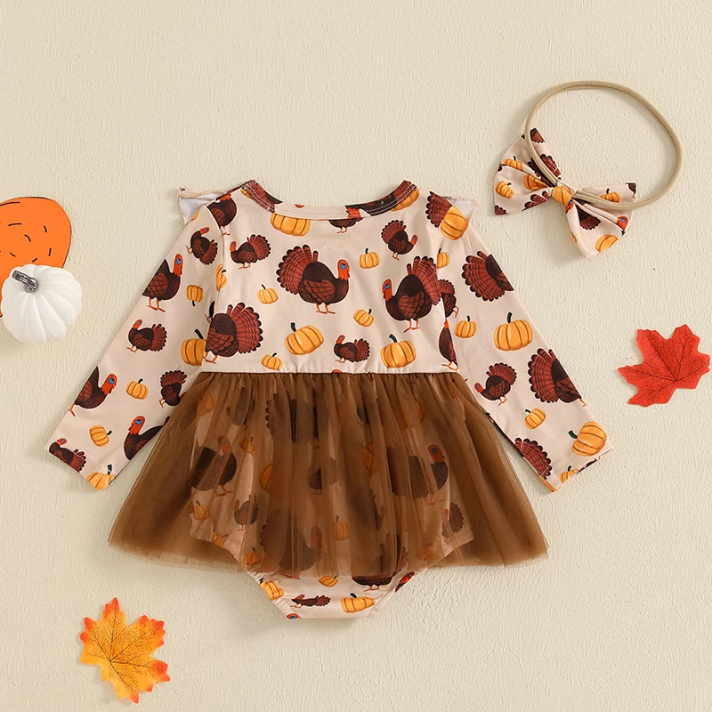 Baby Girl Thanksgiving Romper Dress Pumpkin Print Long Sleeve Tulle Skirt Hem Jumpsuit with Bow Headband