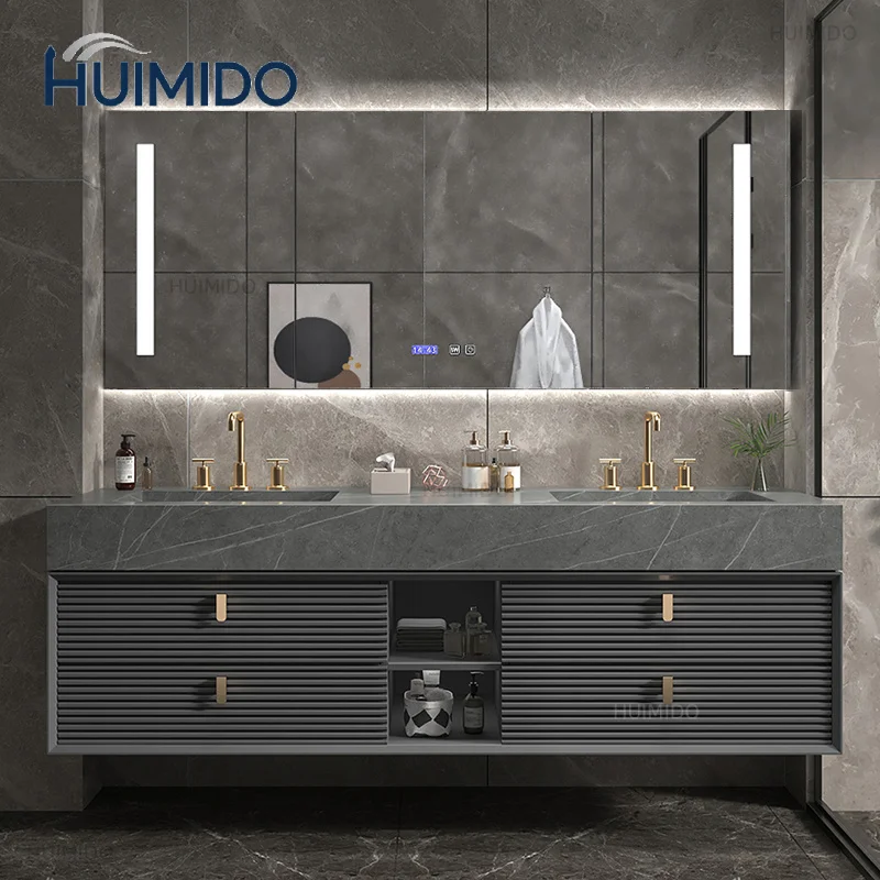 Light Luxury Modern Slate Kit Bathroom Mirror Lamp Cabinet Sink Faucet One-piece Double Basin Oak Combination Solid Wood Wash Ha