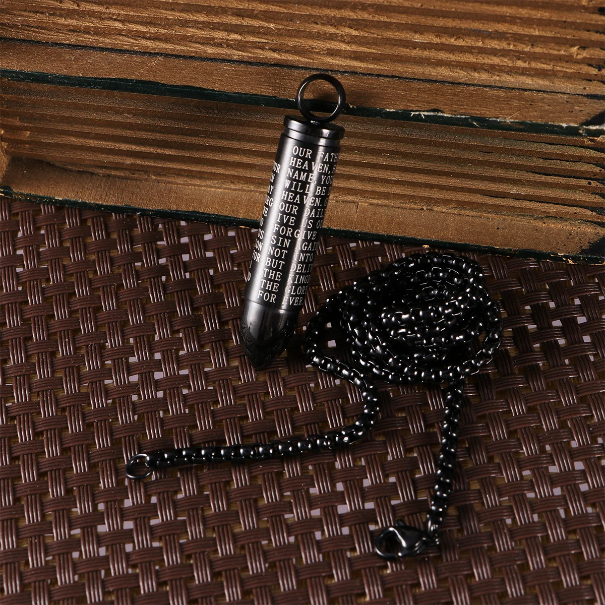 

Stainless Steel Bullet Pendant Necklace Hollow Cross Locket For Men English Prayer Design Hypoallergenic Keepsake