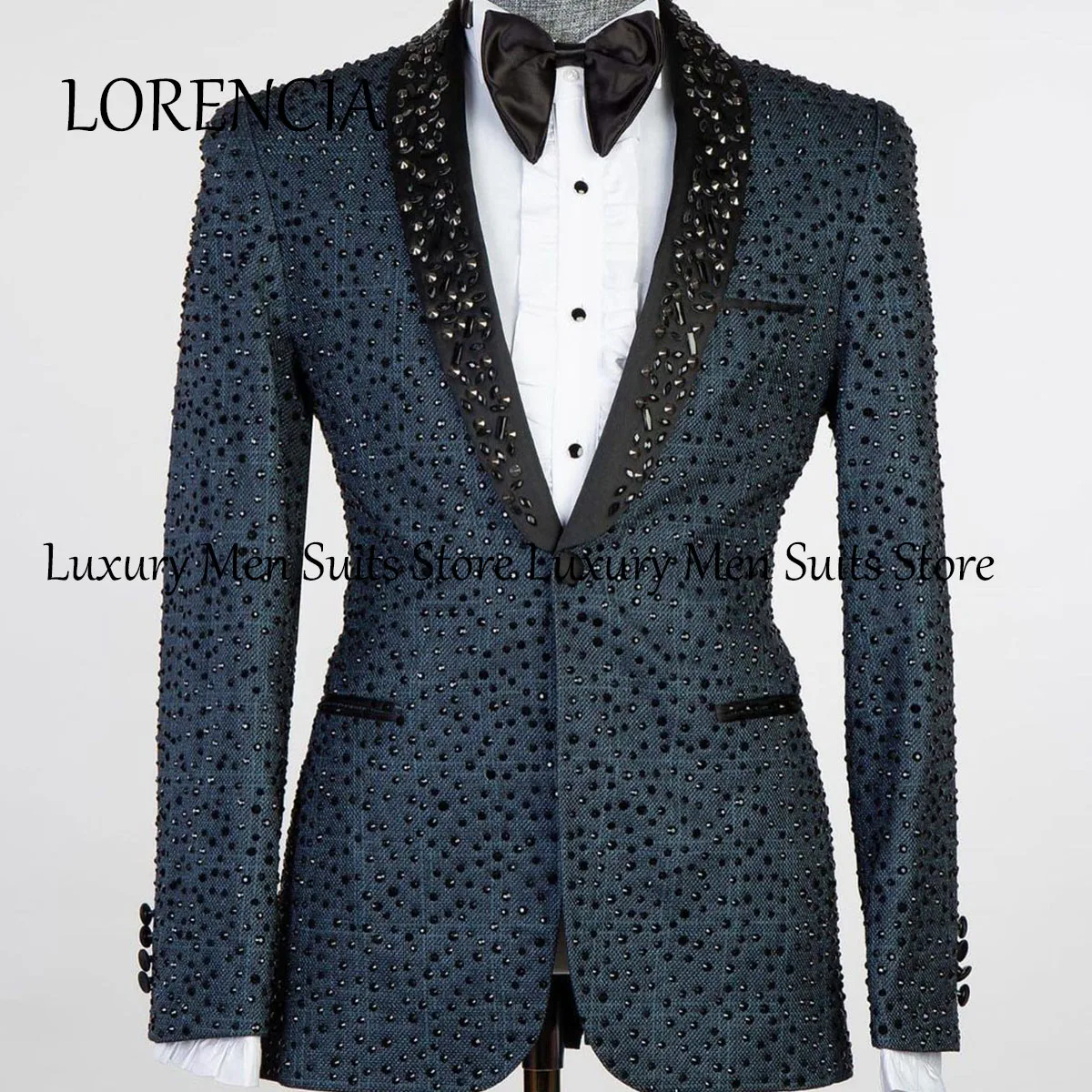 Sparkly Pearls Metal Embellished Men Suits Groom Formal Tuxedos Wedding Prom Blazers Pants Outfit Terno Masculino Completo