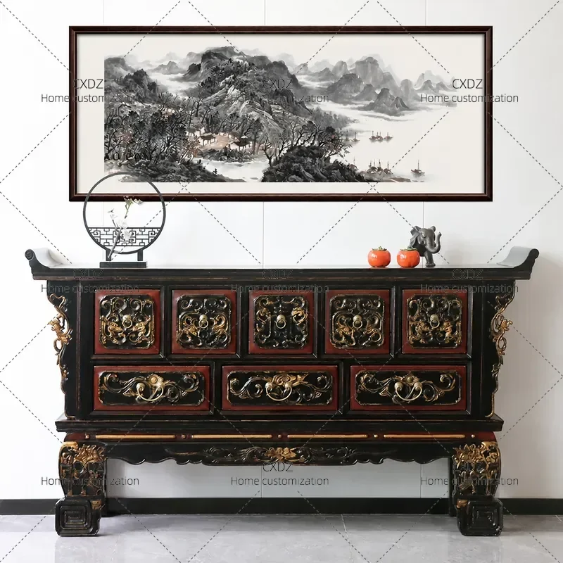 Ming Qing Style Solid Wood Carved Gold Painted Warped Head Counter New Chinese Retro Storage Partition Entryway Console Table