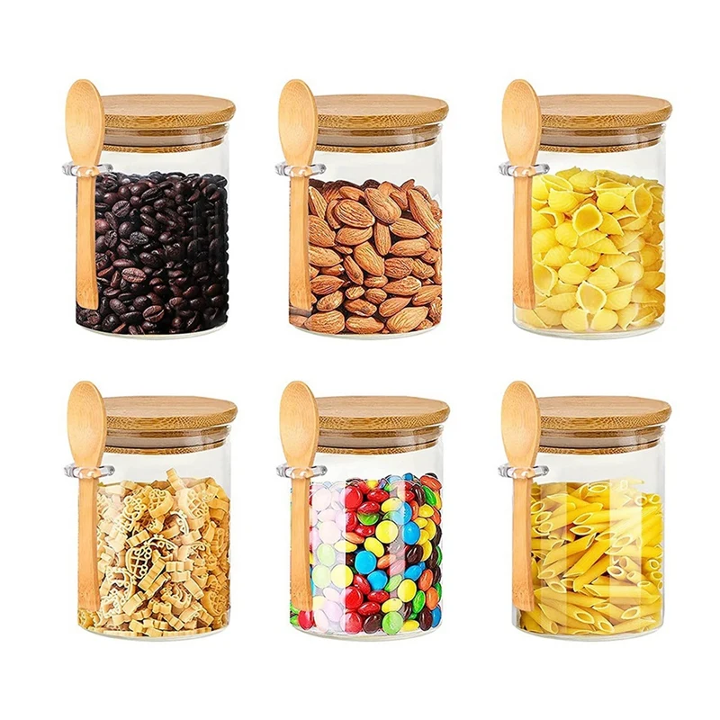 

New Glass Jars With Bamboo Lid & Spoons, Glass Jar With Airtight Lid, 15 Oz/450ML Glass Food Storage Containers