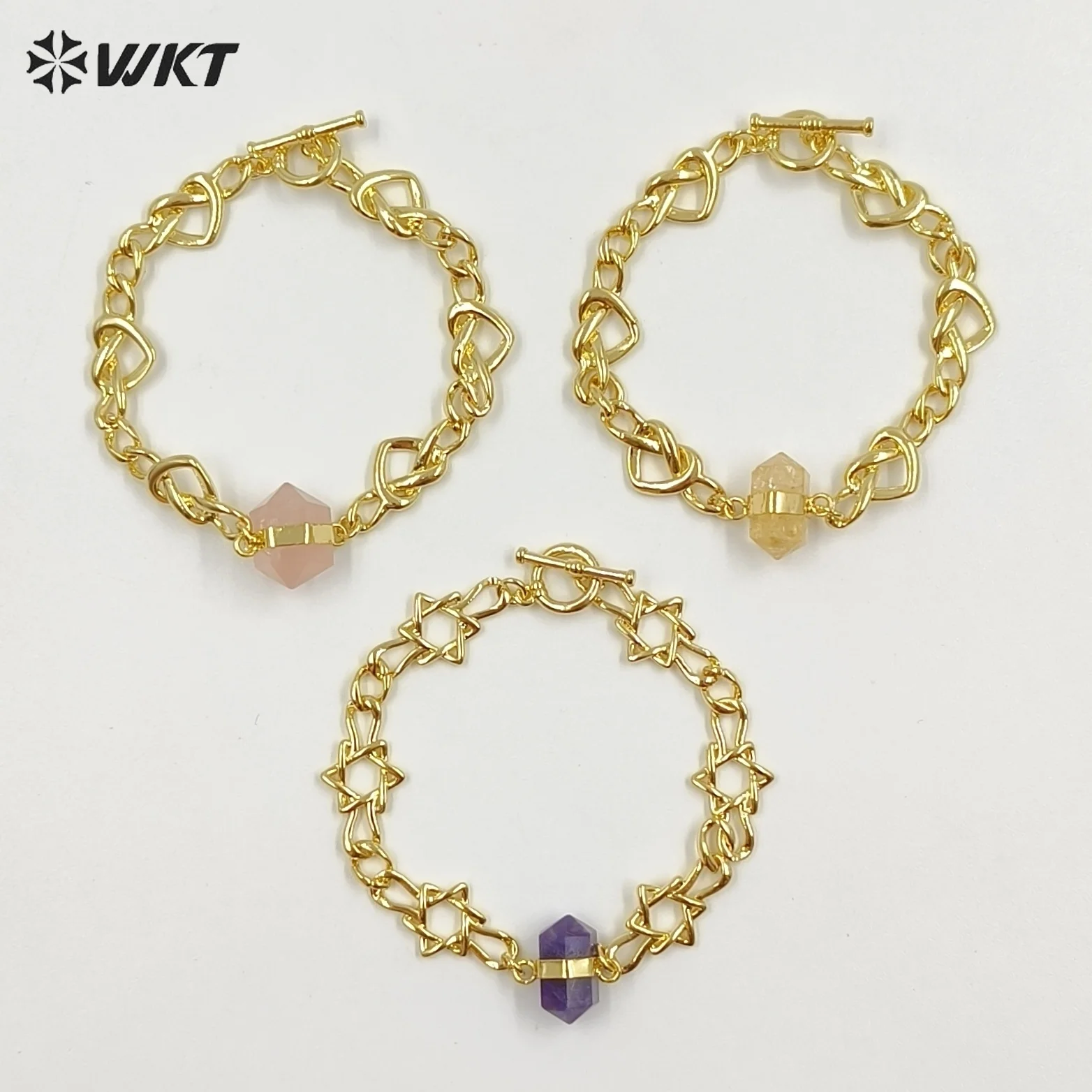WT-B717 Exclusive Lovely Gold Plated Yellow Brass Heart Star Chain With Natural Gemstones Charms Bracelets As Friends Gift