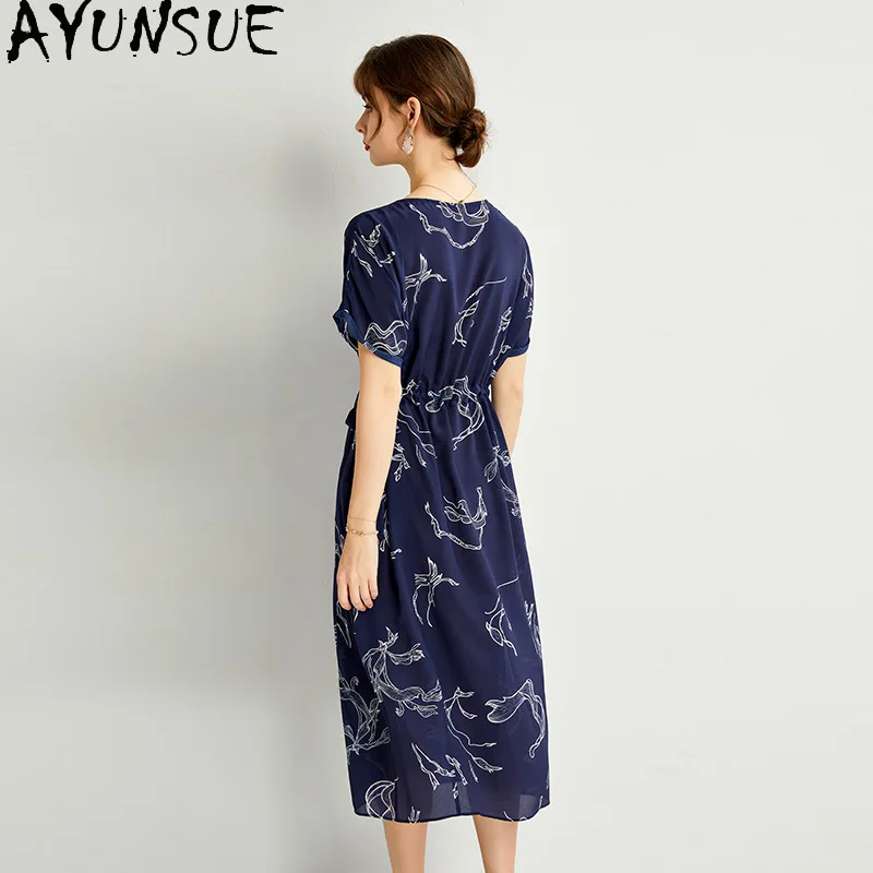 AYUNSUE 100% Mulberry Silk Dress Women Elegant Women's Dresses Summer Clothes French Long Dress Lace-up Vestidos De Mujer 2024