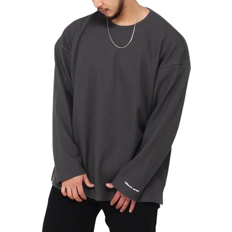 2024 Autumn/Winter New Casual Round Neck Pullover Large Pit Stripe Loose Long Sleeved T-shirt Men's Top