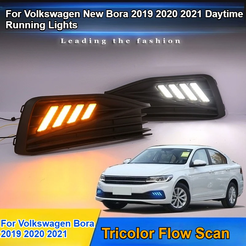 

For Volkswagen Bora 2019 2020 2021 2Pcs Car Led Daytime Running Light Front Fog Lamp DRL Yellow Dynamic Turn Signal Night Blue