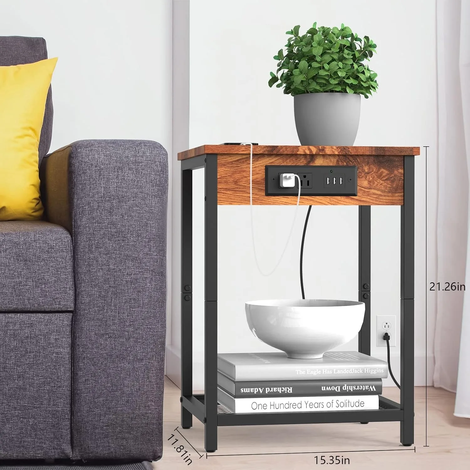 Tables de nuit avec station de charge et ports USB, table d'appoint étroite à 2 niveaux, table de chevet, chambre à coucher avec étagère de rangement, lot de 2