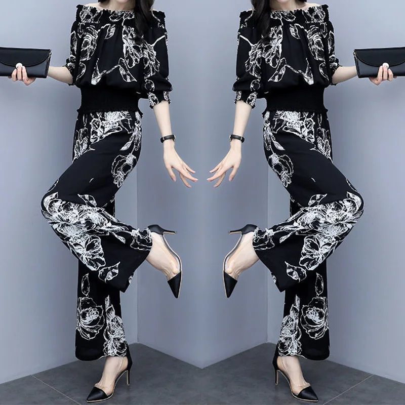 Elegant Fashion Floral Print Pant Sets Summer 2023 Slash Neck Short Sleeve Tunic Blouse Elastic Waist Long Pants Slim Women Sets