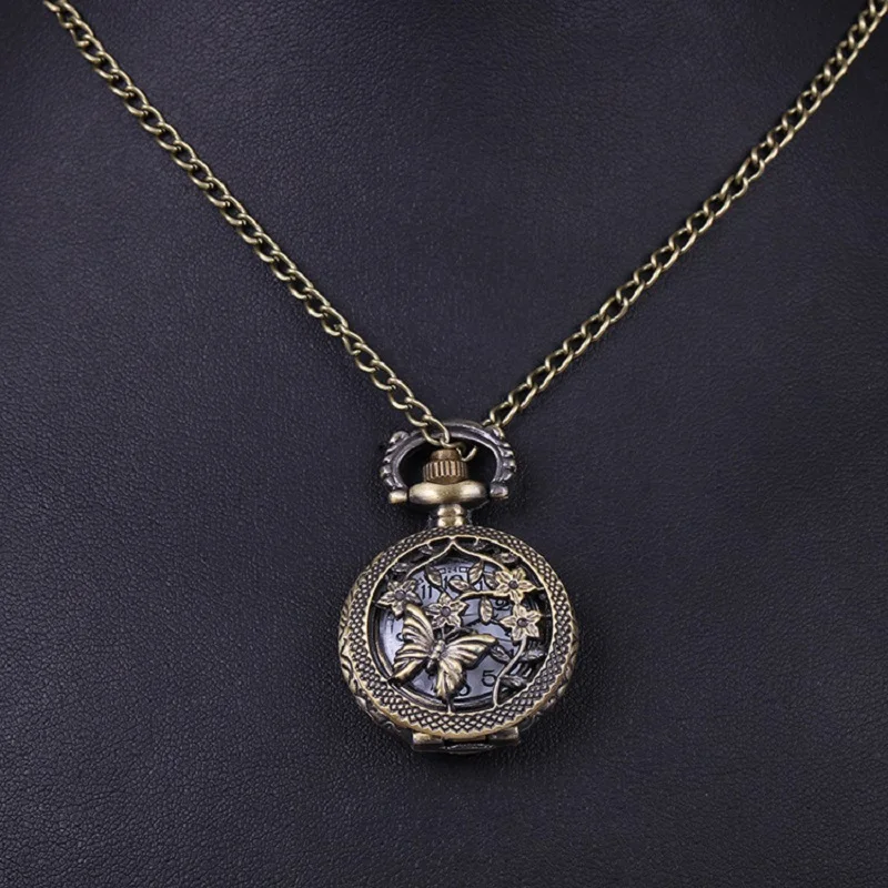 أزياء لطيف خمر الجوف فراشة الكرمة زهرة ساعة الجيب اللون البرونزي ساعة كوارتز سلسلة باردة ساعات كوارتز الهدايا #2